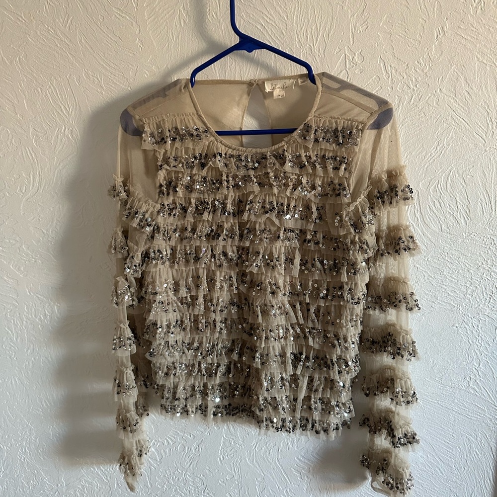 Anthropologie Beige Sequined Ruffle Blouse